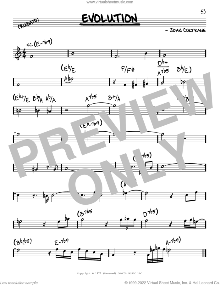 Evolution sheet music for voice and other instruments (real book) by John Coltrane, intermediate skill level