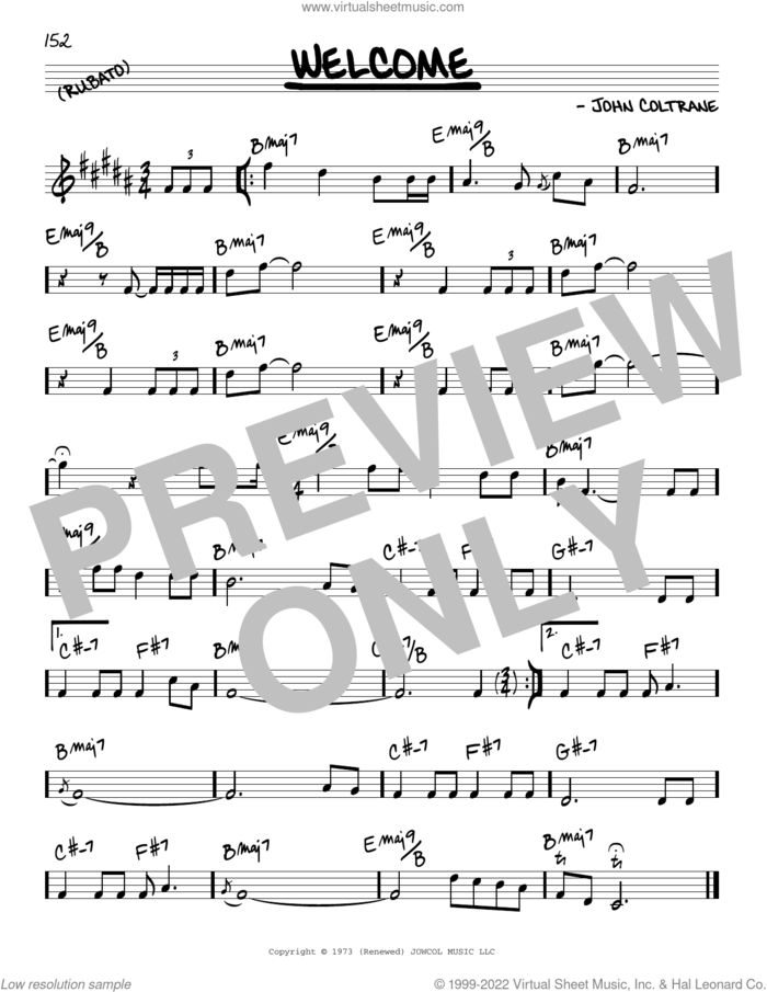 Welcome sheet music for voice and other instruments (real book) by John Coltrane, intermediate skill level