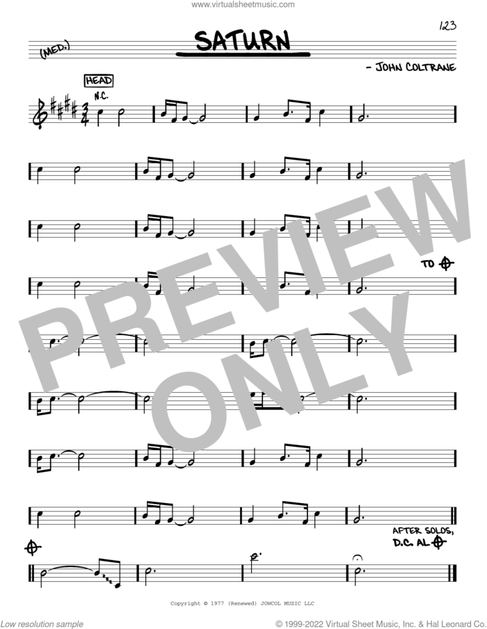 Saturn sheet music for voice and other instruments (real book) by John Coltrane, intermediate skill level