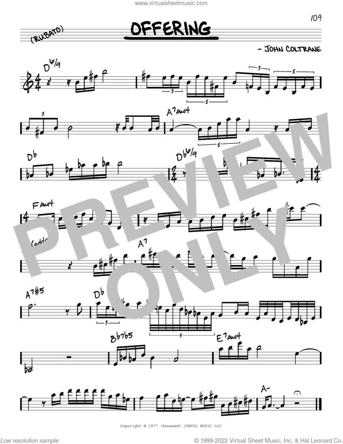 Offering sheet music for voice and other instruments (real book) by John Coltrane, intermediate skill level