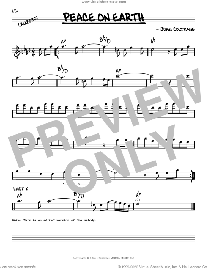 Peace On Earth sheet music for voice and other instruments (real book) by John Coltrane, intermediate skill level