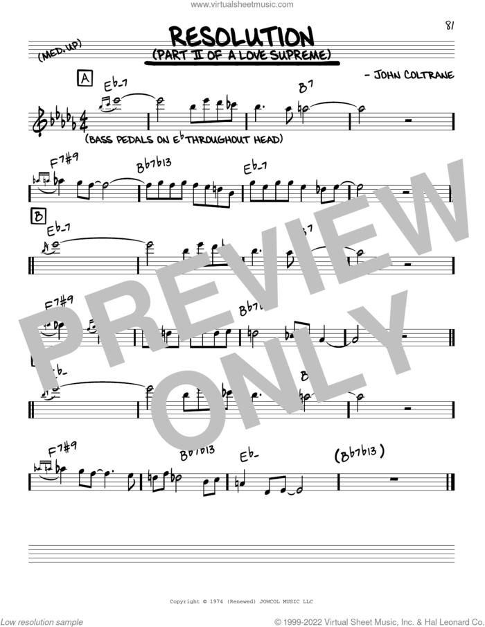Resolution sheet music for voice and other instruments (real book) by John Coltrane, intermediate skill level