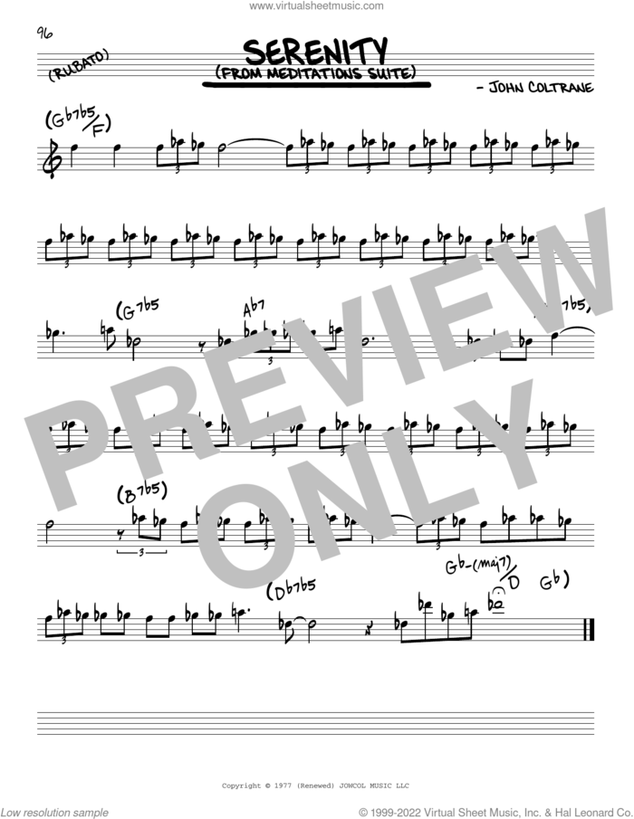 Serenity sheet music for voice and other instruments (real book) by John Coltrane, intermediate skill level