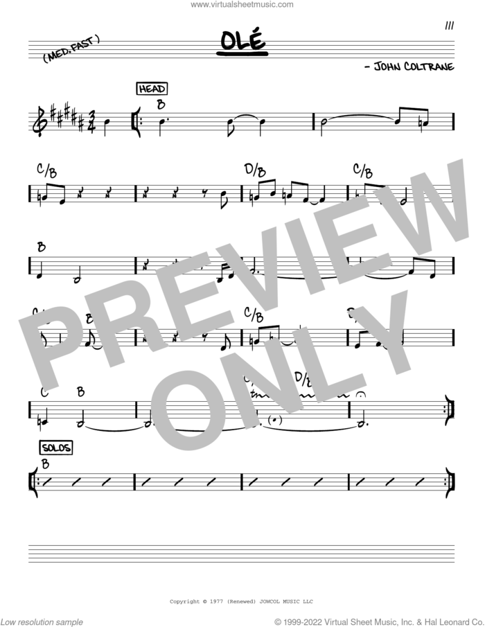 Ole sheet music for voice and other instruments (real book) by John Coltrane, intermediate skill level