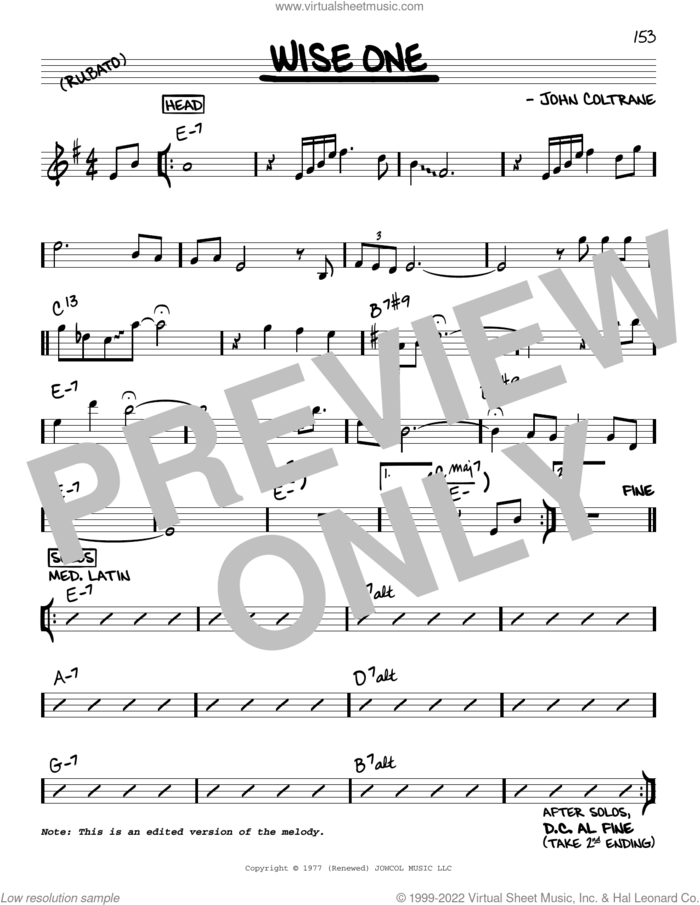 Wise One sheet music for voice and other instruments (real book) by John Coltrane, intermediate skill level