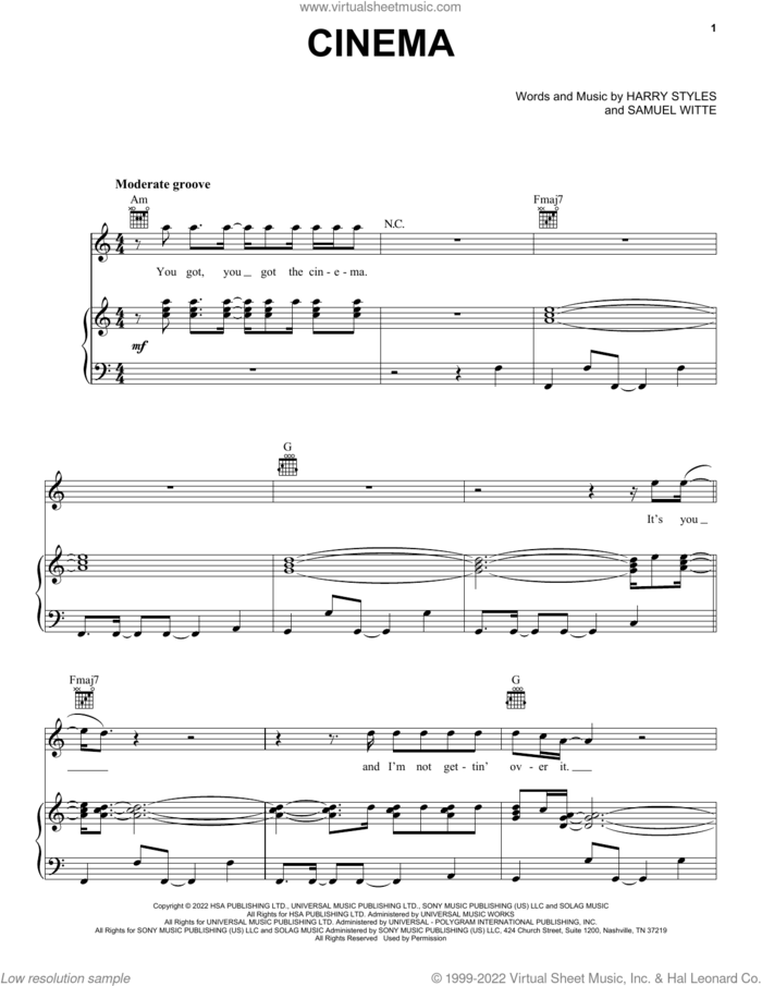 Cinema sheet music for voice, piano or guitar by Harry Styles and Samuel Witte, intermediate skill level