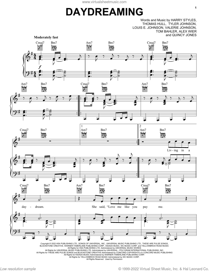 Daydreaming sheet music for voice, piano or guitar by Harry Styles, Alex Weir, Louis E. Johnson, Quincy Jones, Tom Bahler, Tom Hull, Tyler Johnson and Valerie Johnson, intermediate skill level