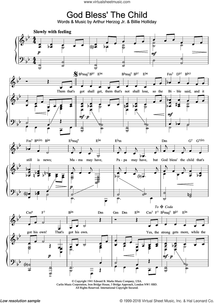 God Bless' The Child sheet music for voice and piano by Billie Holiday and Arthur Herzog Jr., intermediate skill level