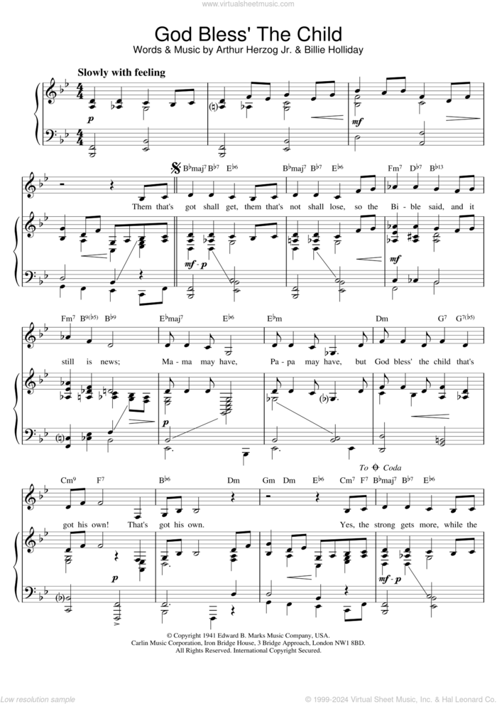 God Bless' The Child sheet music for voice and piano by Billie Holiday and Arthur Herzog Jr., intermediate skill level