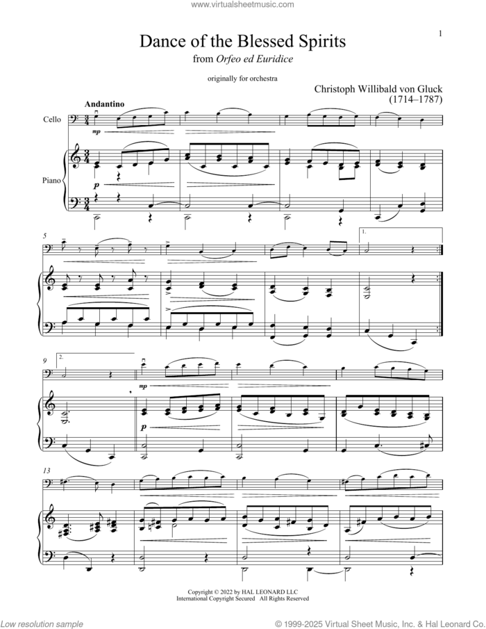 Dance Of The Spirits sheet music for cello and piano by Christoph Willibald Gluck, classical score, intermediate skill level