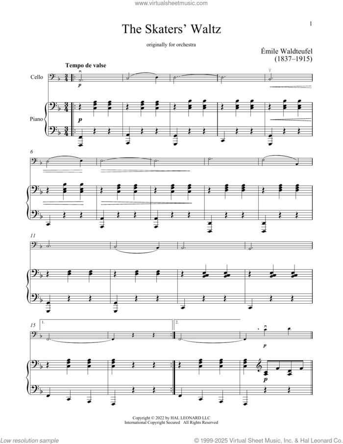 The Skaters Waltz sheet music for cello and piano by Emile Waldteufel, classical score, intermediate skill level