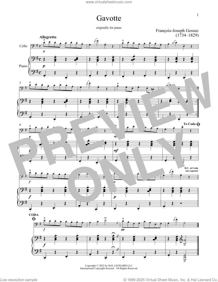 Gavotte sheet music for cello and piano by Francois-Joseph Gossec, classical score, intermediate skill level