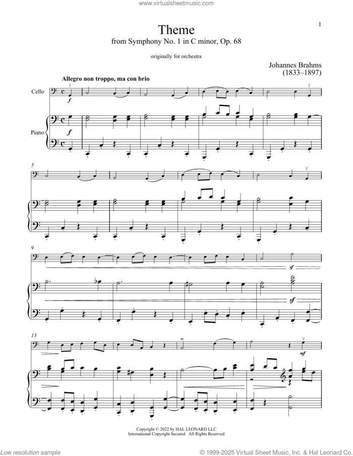 Symphony No. 1 In C Minor, Fourth Movement Excerpt sheet music for cello and piano by Johannes Brahms, classical score, intermediate skill level