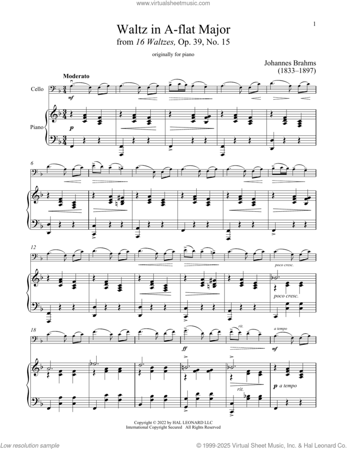 Waltz In A-Flat Major, Op. 39, No. 15 sheet music for cello and piano by Johannes Brahms, classical score, intermediate skill level