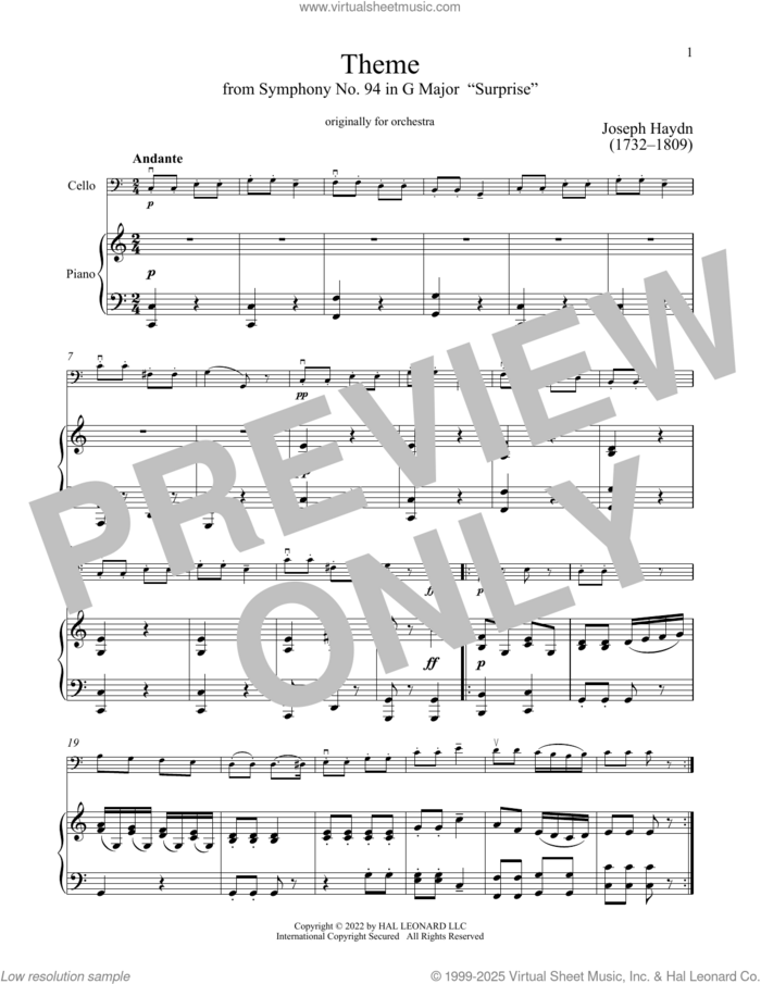 The Surprise Symphony sheet music for cello and piano by Franz Joseph Haydn, classical score, intermediate skill level