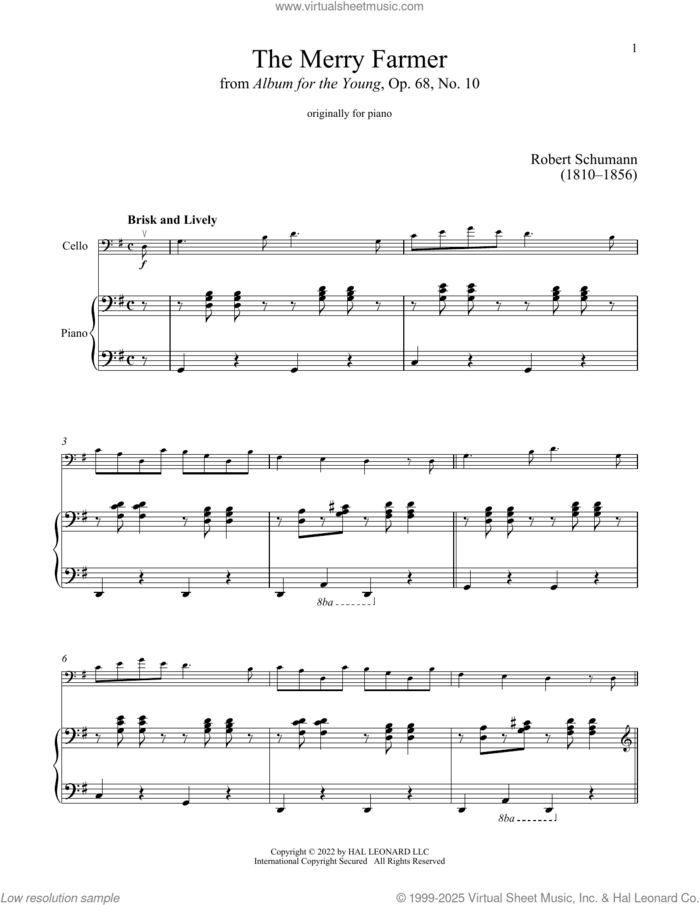 The Happy Farmer sheet music for cello and piano by Robert Schumann, classical score, intermediate skill level