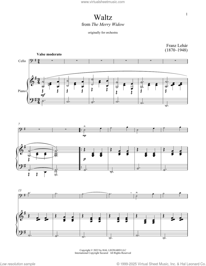 The Merry Widow Waltz sheet music for cello and piano by Franz Lehar and Adrian Ross, classical score, intermediate skill level