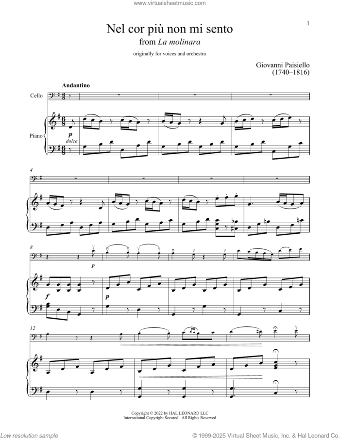 Nel Cor Piu Non Mi Sento sheet music for cello and piano by Giovanni Paisiello and Giuseppe Palomba, classical score, intermediate skill level