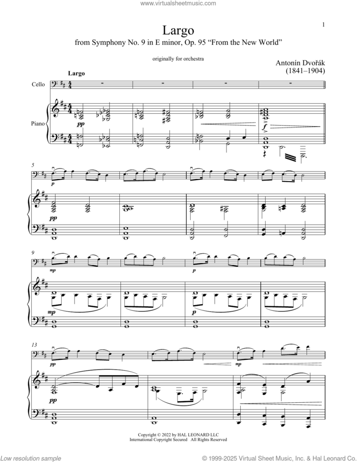 Largo sheet music for cello and piano by Antonin Dvorak, classical score, intermediate skill level