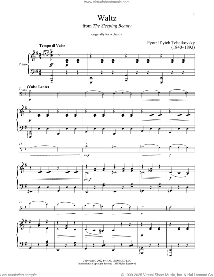 The Sleeping Beauty Waltz sheet music for cello and piano by Pyotr Ilyich Tchaikovsky, classical score, intermediate skill level