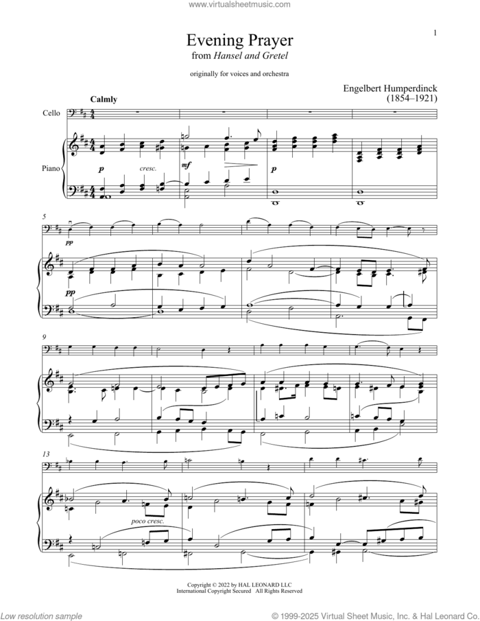 Evening Prayer sheet music for cello and piano by Engelbert Humperdinck, intermediate skill level