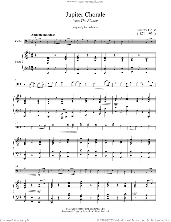 Jupiter sheet music for cello and piano by Gustav Holst, classical score, intermediate skill level