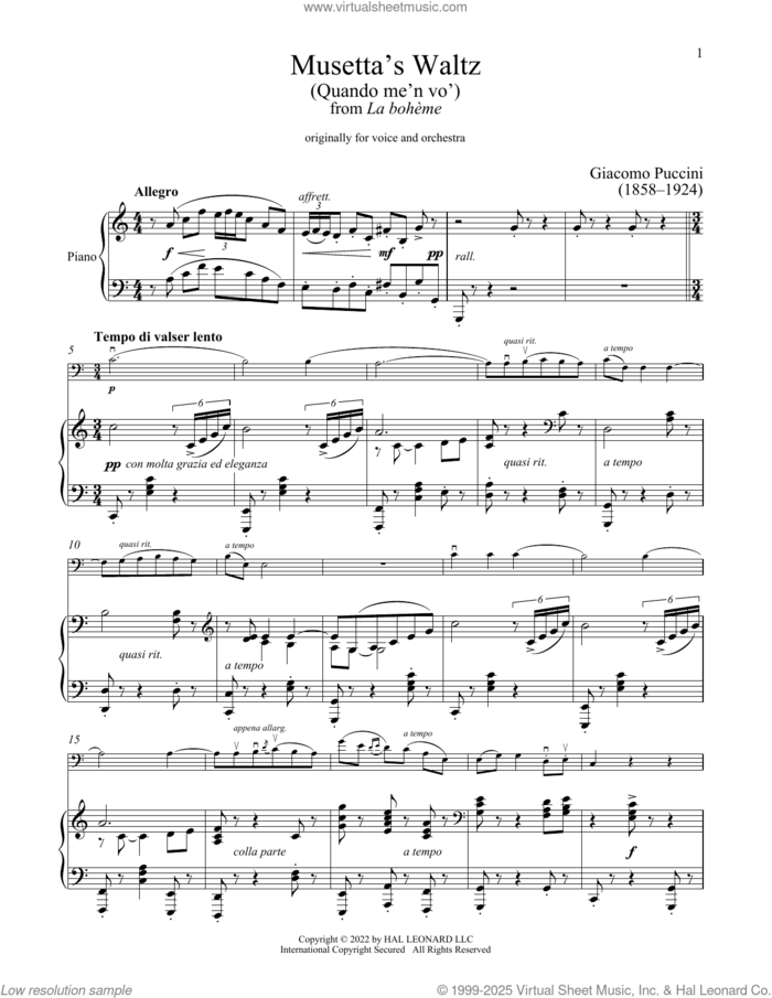 Quando Men Vo sheet music for cello and piano by Giacomo Puccini, classical score, intermediate skill level