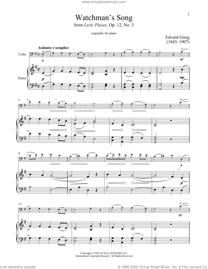 Watchman's Song, Op. 12, No. 3 sheet music for cello and piano by Edvard Grieg, classical score, intermediate skill level