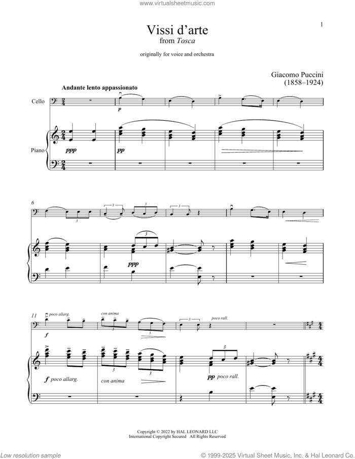 Vissi D'Arte, Vissi D'Amore sheet music for cello and piano by Giacomo Puccini, classical score, intermediate skill level