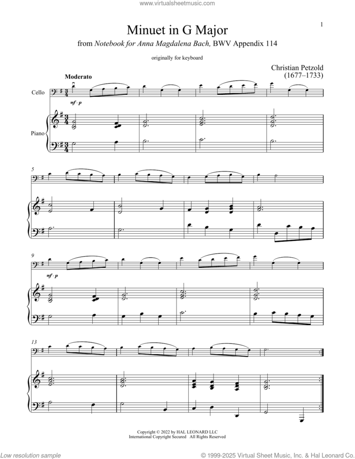 Minuet In G Major, BWV Anh. 114 sheet music for cello and piano by Christian Petzold, classical score, intermediate skill level