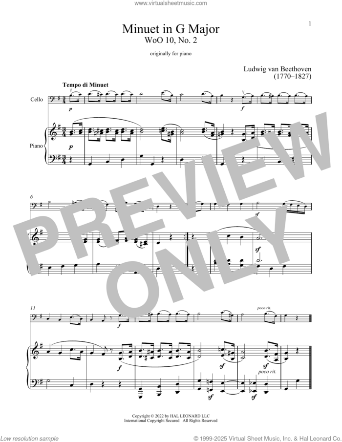 Minuet In G Major sheet music for cello and piano by Ludwig Van Beethoven, classical score, intermediate skill level