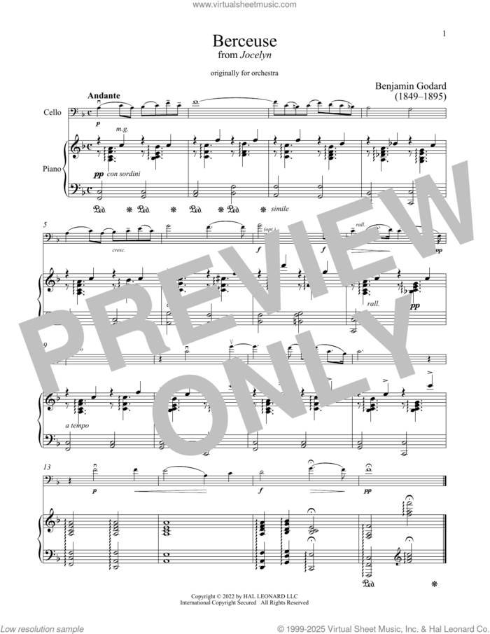 Berceuse (from Jocelyn) sheet music for cello and piano by Benjamin Godard, classical score, intermediate skill level