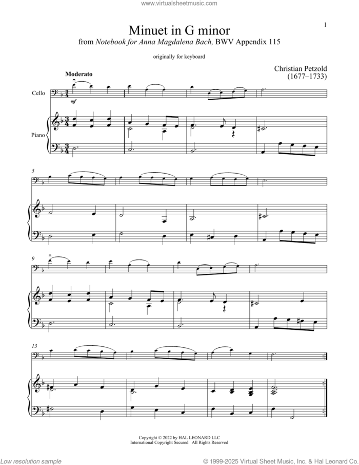 Minuet In G Minor, BWV Anh. 115 sheet music for cello and piano by Christian Petzold, classical score, intermediate skill level