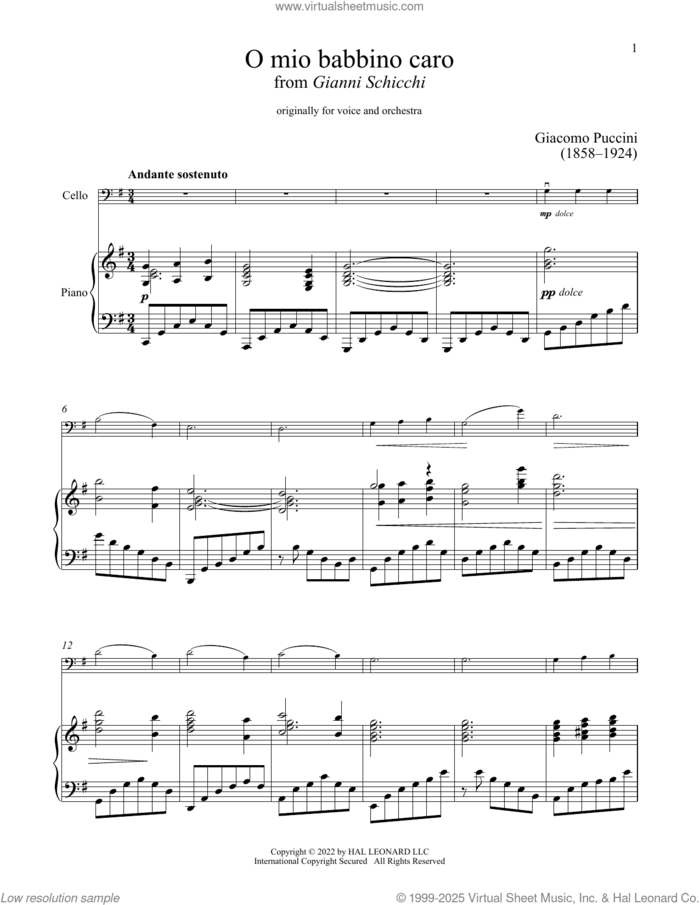 O Mio Babbino Caro sheet music for cello and piano by Giacomo Puccini, classical score, intermediate skill level