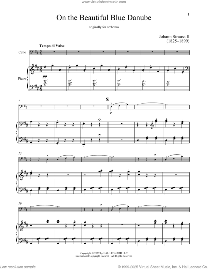 The Beautiful Blue Danube, Op. 314 sheet music for cello and piano by Johann Strauss, Jr., classical score, intermediate skill level