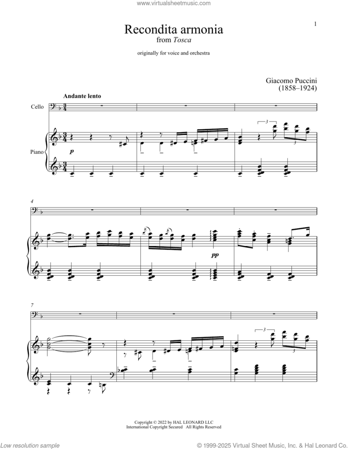 Recondita Armonia sheet music for cello and piano by Giacomo Puccini, classical score, intermediate skill level