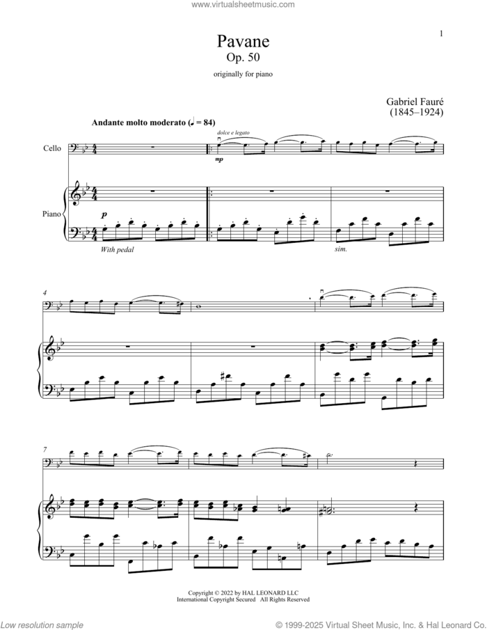 Pavane sheet music for cello and piano by Gabriel Faure, classical score, intermediate skill level