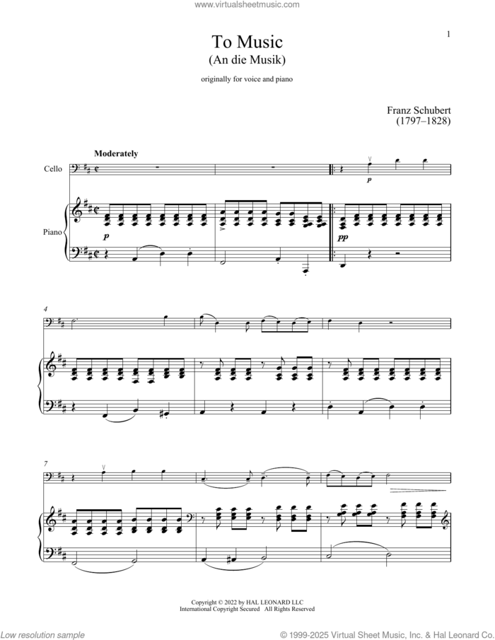 An Die Musik sheet music for cello and piano by Franz Schubert and Franz von Schober, classical score, intermediate skill level