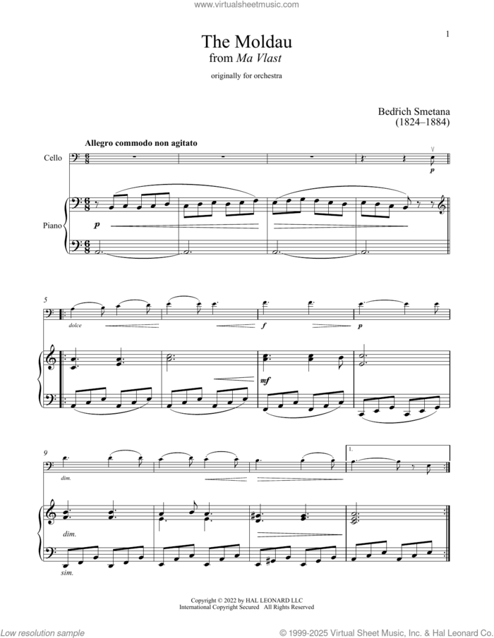 The Moldau sheet music for cello and piano by Bedrich Smetana, classical score, intermediate skill level