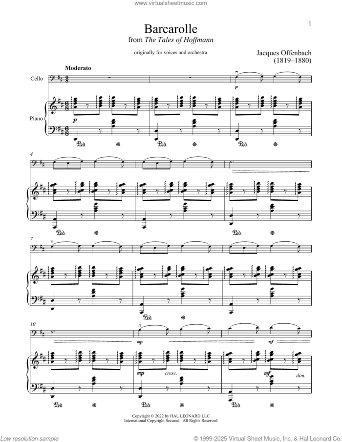 Barcarolle sheet music for cello and piano by Jacques Offenbach, classical score, intermediate skill level