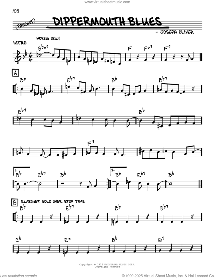 Dippermouth Blues sheet music for voice and other instruments (real book with lyrics) by Louis Armstrong, Robert Rawlins and Joe Oliver, intermediate skill level