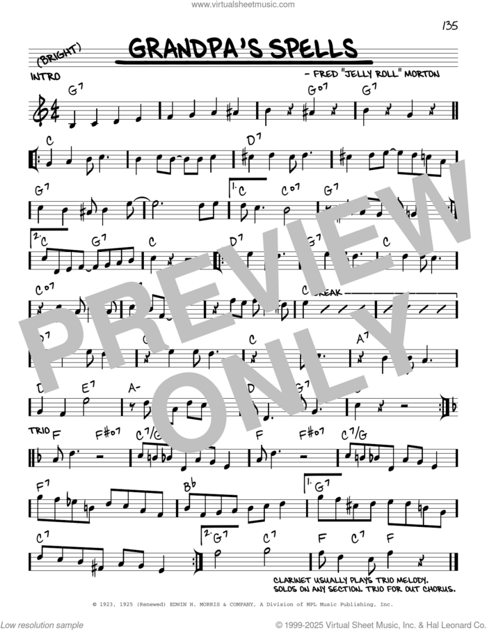 Grandpa's Spells sheet music for voice and other instruments (real book with lyrics) by Ferd 'Jelly Roll' Morton and Robert Rawlins, classical score, intermediate skill level