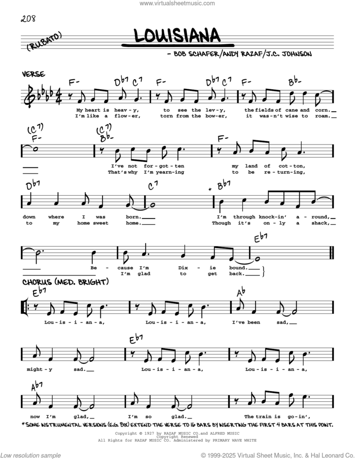 Louisiana (arr. Robert Rawlins) sheet music for voice and other instruments (real book with lyrics) by Paul Whiteman & His Orchestra, Robert Rawlins, Andy Razaf, Bob Schafer and J.C. Johnson, intermediate skill level