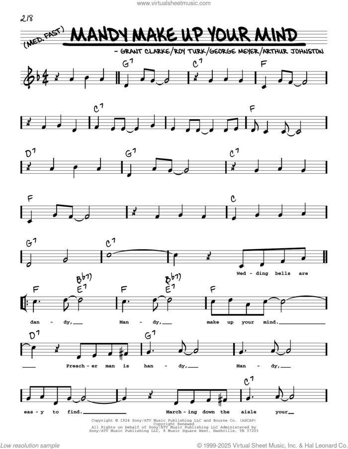 Mandy Make Up Your Mind (arr. Robert Rawlins) sheet music for voice and other instruments (real book with lyrics) by Louis Armstrong, Robert Rawlins, Arthur Johnston, George Meyer, Grant Clarke and Roy Turk, intermediate skill level