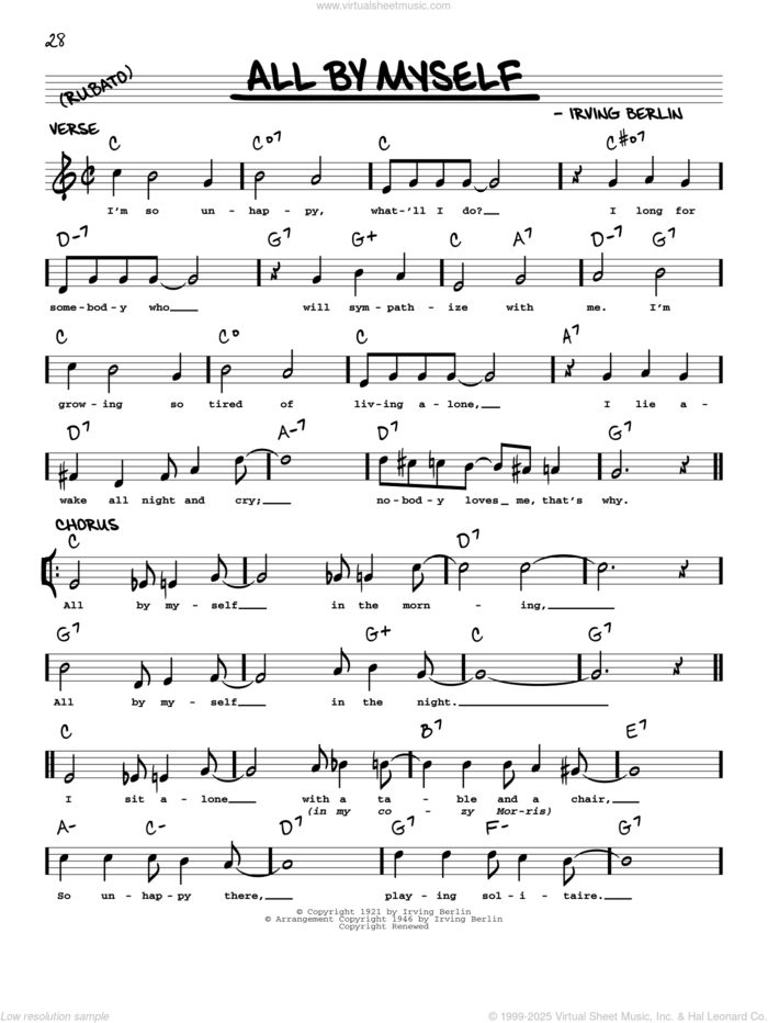 All By Myself (arr. Robert Rawlins) sheet music for voice and other instruments (real book with lyrics) by Irving Berlin and Robert Rawlins, intermediate skill level