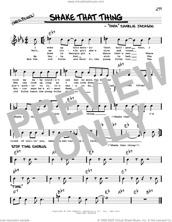 Shake That Thing (arr. Robert Rawlins) sheet music for voice and other instruments (real book with lyrics) by 'Papa' Charlie Jackson and Robert Rawlins, intermediate skill level