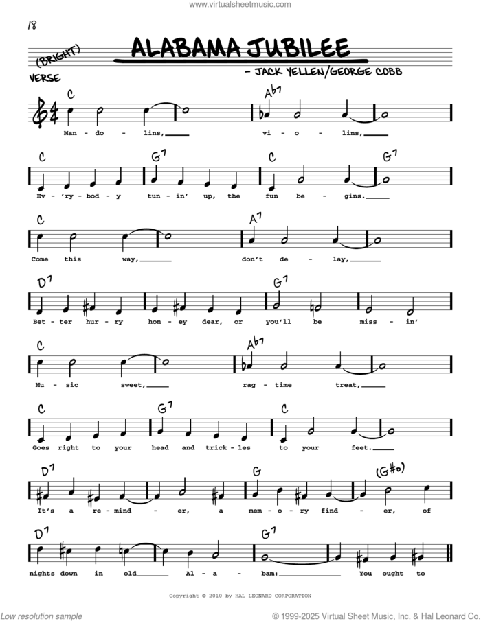 Alabama Jubilee (arr. Robert Rawlins) sheet music for voice and other instruments (real book with lyrics) by Arthur Collins & Byron Harlan, Robert Rawlins, George L. Cobb and Jack Yellen, intermediate skill level