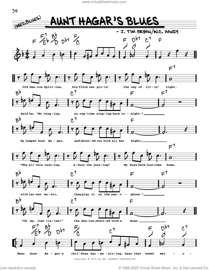 Aunt Hagar's Blues (arr. Robert Rawlins) sheet music for voice and other instruments (real book with lyrics) by W.C. Handy, Robert Rawlins, Art Tatum and J. Tim Brymn, intermediate skill level