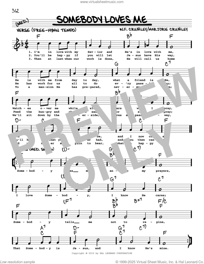 Somebody Loves Me (arr. Robert Rawlins) sheet music for voice and other instruments (real book with lyrics) by W.F. and Marjorie Crumley, Robert Rawlins, Marjorie Crumley and W.F. Crumley, intermediate skill level