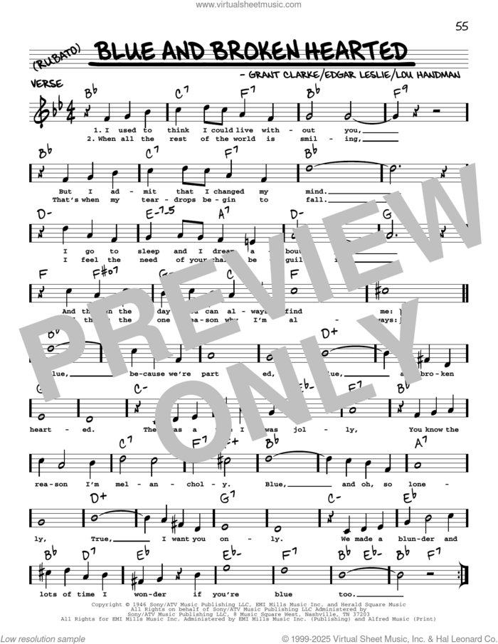 Blue And Broken Hearted (arr. Robert Rawlins) sheet music for voice and other instruments (real book with lyrics) by Edgar Leslie, Robert Rawlins, Grant Clarke and Lou Handman, intermediate skill level